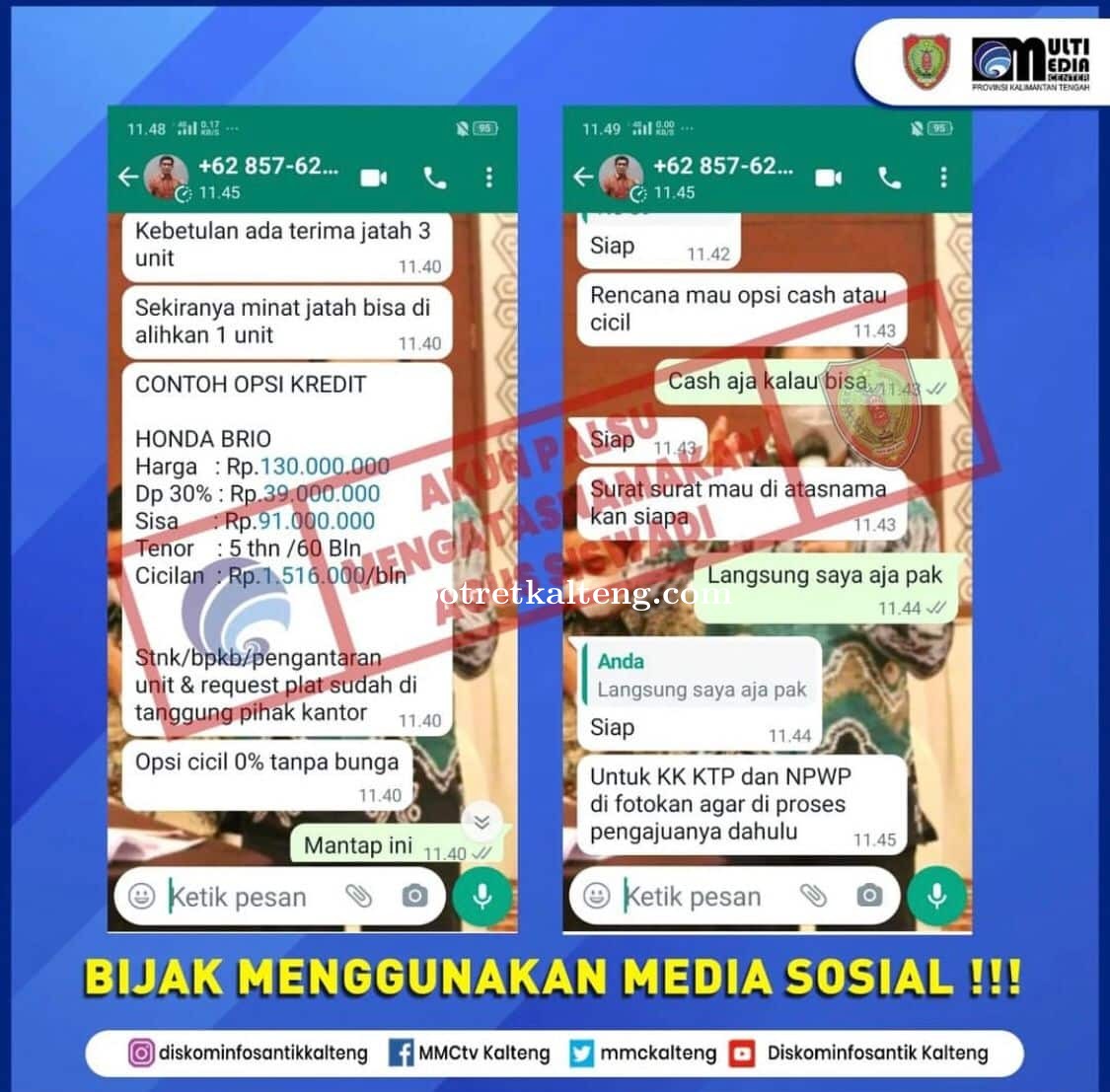 Hati- Hati, Penipuan Dengan Modus Identitas Kadiskominfosantik Provinsi Kalteng Beredar