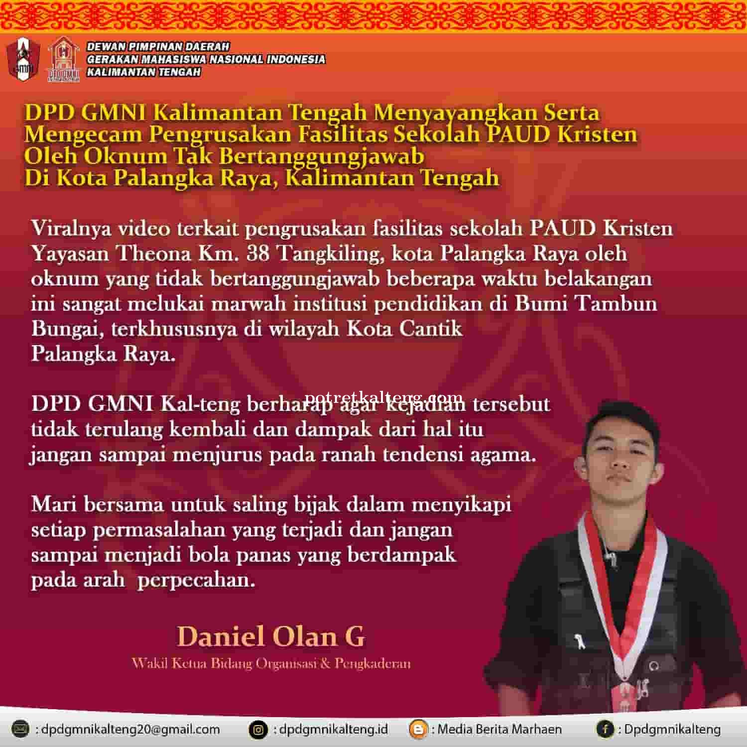 DPD GMNI Kalteng Kecam Pengrusakan PAUD Kristen Oleh OTK Di Kota Palangka Raya