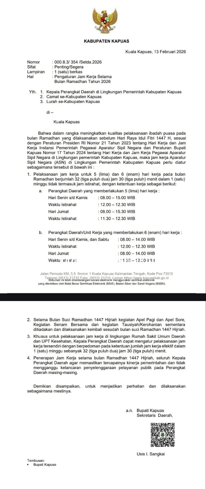 Selama Ramadhan 1447 H, Pemkab Kapuas Terapkan Penyesuaian Waktu Kerja ASN