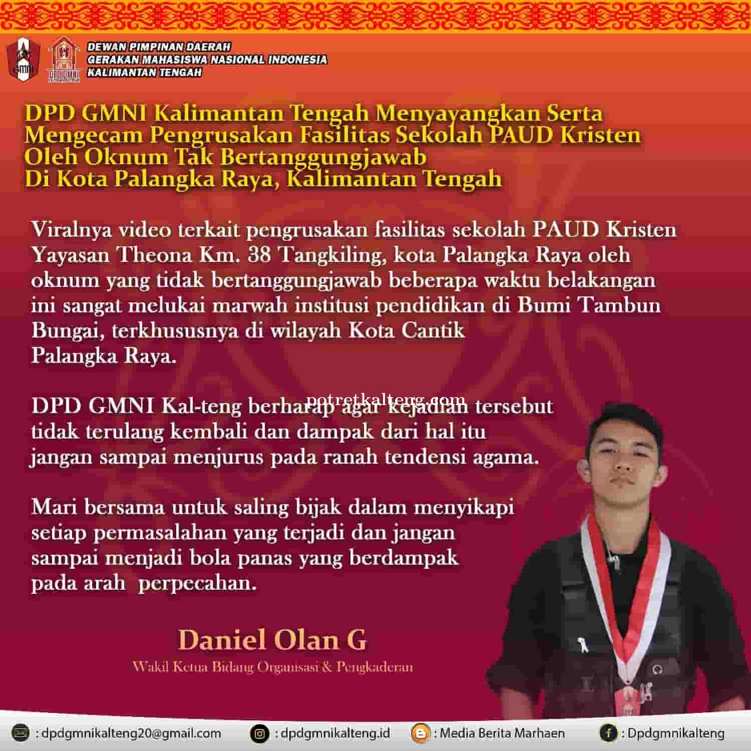 DPD GMNI Kalteng Kecam Pengrusakan PAUD Kristen Oleh OTK Di Kota Palangka Raya