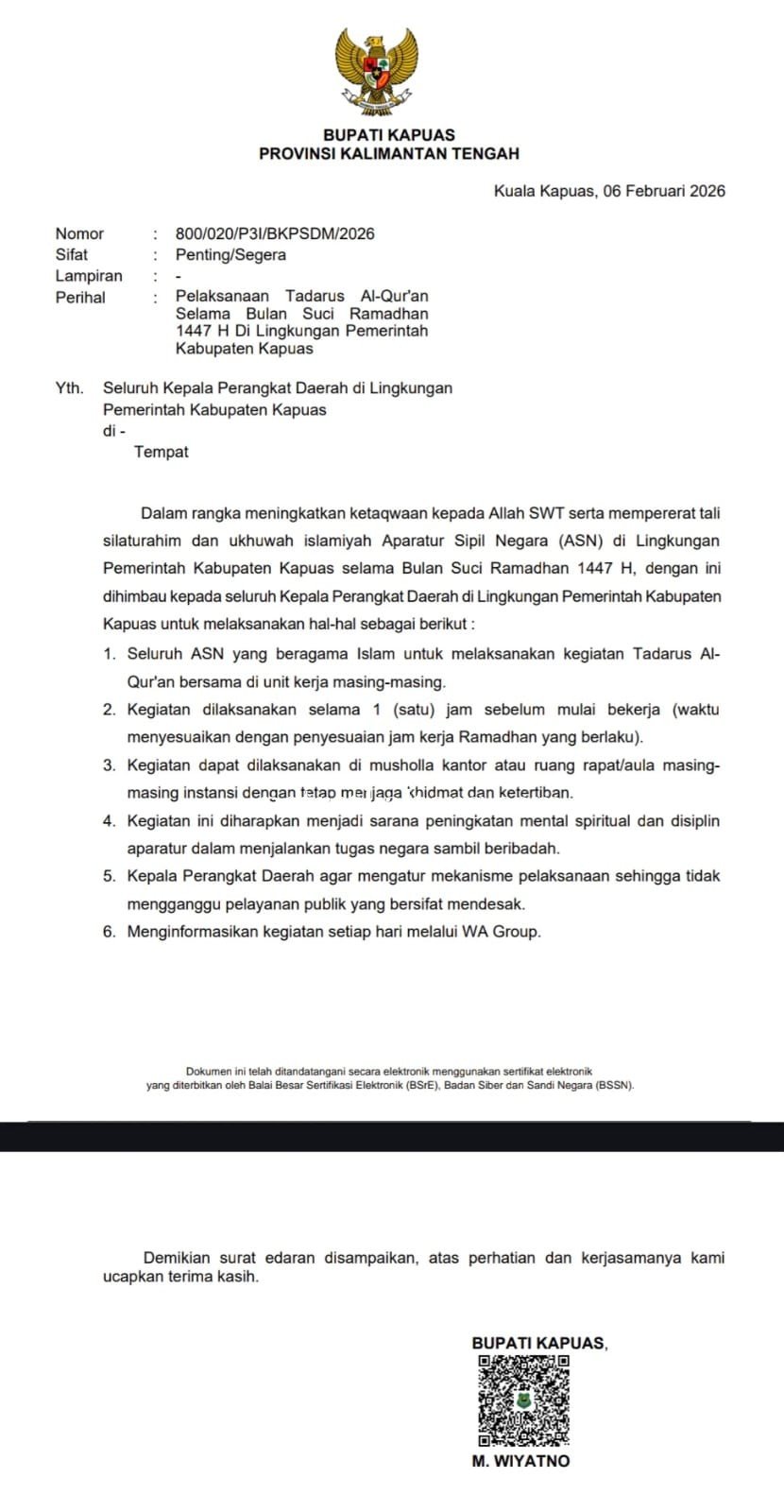 Pemkab Kapuas Imbau ASN Laksanakan Tadarus Al-Quran Selama Ramadhan 1447 H