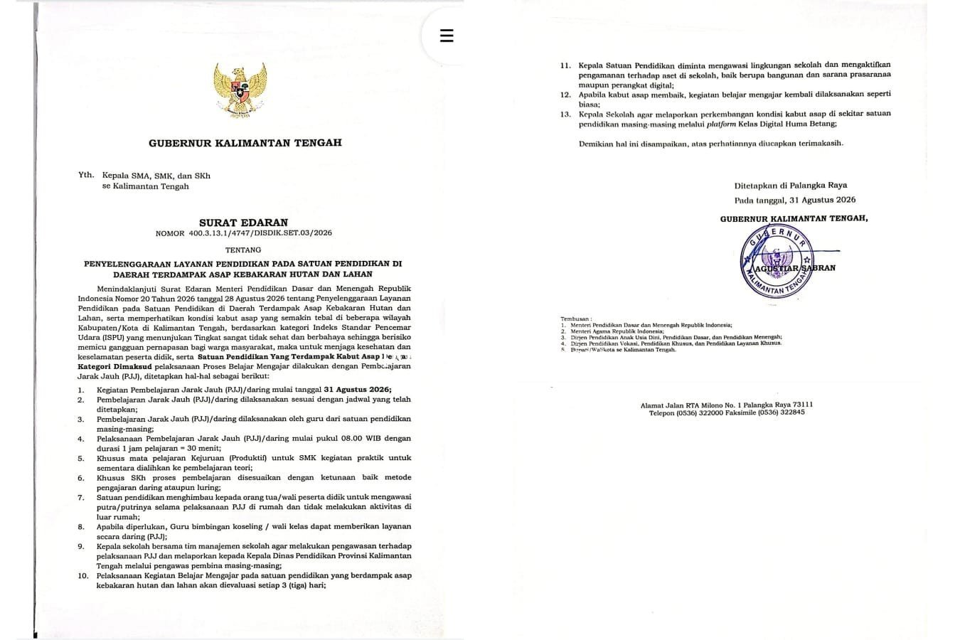 TERDAMPAK KABUT ASAP KARHUTLA, SEKOLAH SMA, SMK DAN SKh DI KALTENG MULAI PJJ 31 AGUSTUS